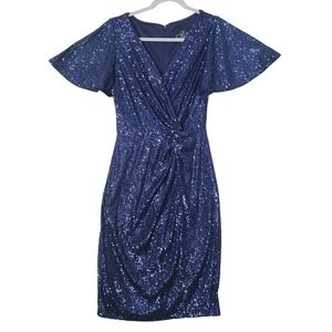 Alex Evenings Navy Blue Sequin Flutter Sleeve Sheath Cocktail Dress Size 6